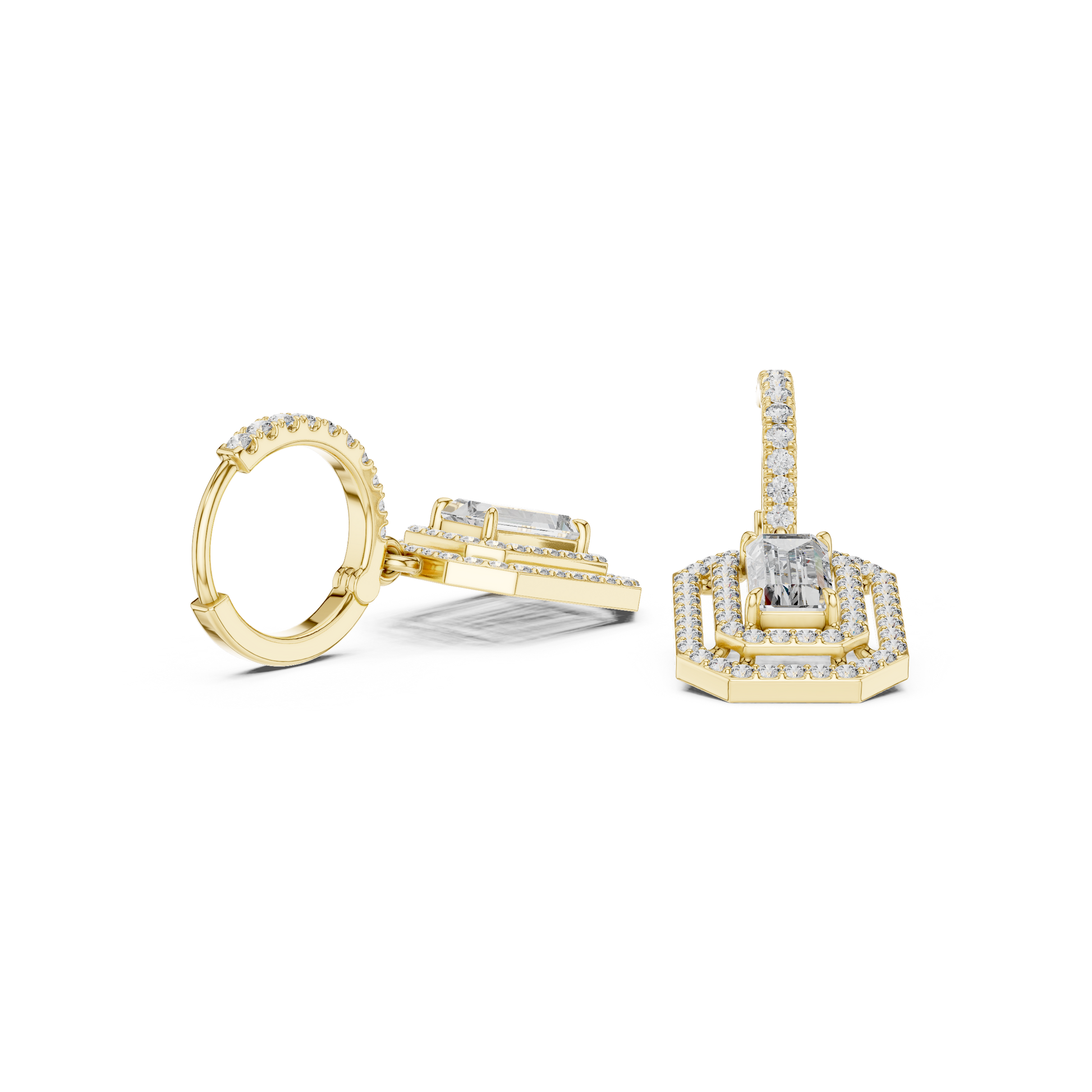 Emerald Round Cut Lab Grown Diamond Hoop Earrings in Yellow Gold