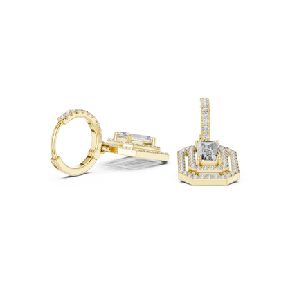 Emerald Round Cut Lab Grown Diamond Hoop Earrings in Yellow Gold