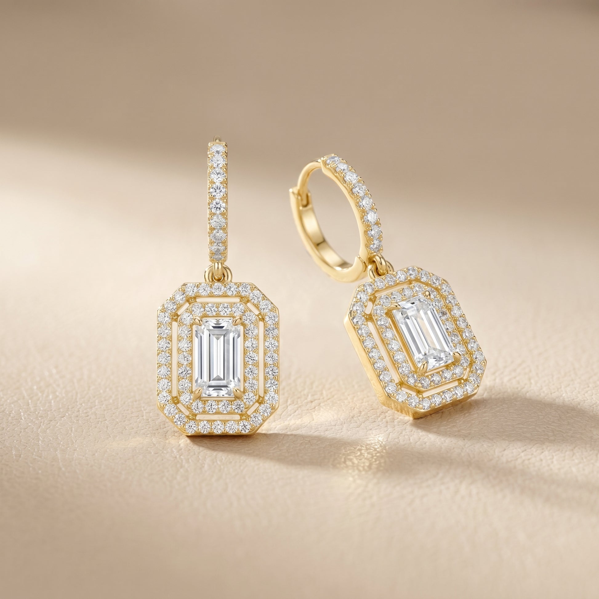 Emerald Round Cut Lab Grown Diamond Hoop Earrings in Yellow Gold