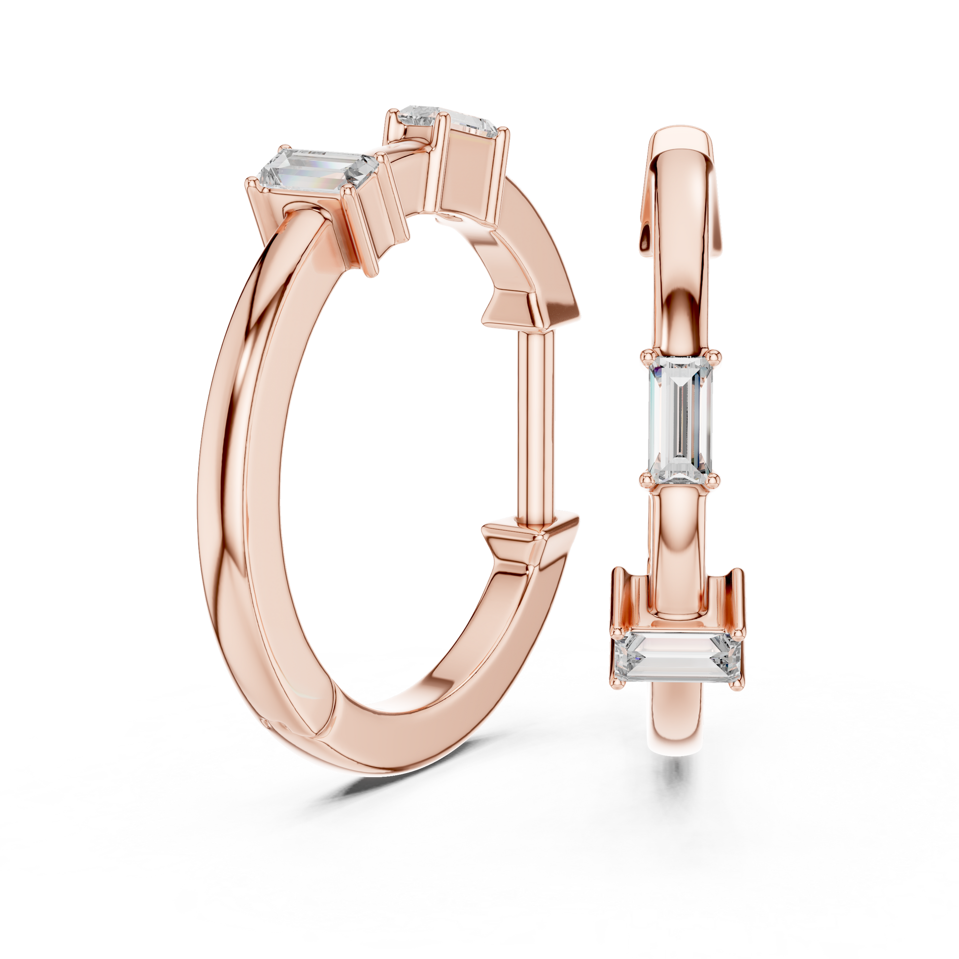 Emerald Cut Lab Grown Diamond Huggie Hoop Earrings in Rose Gold