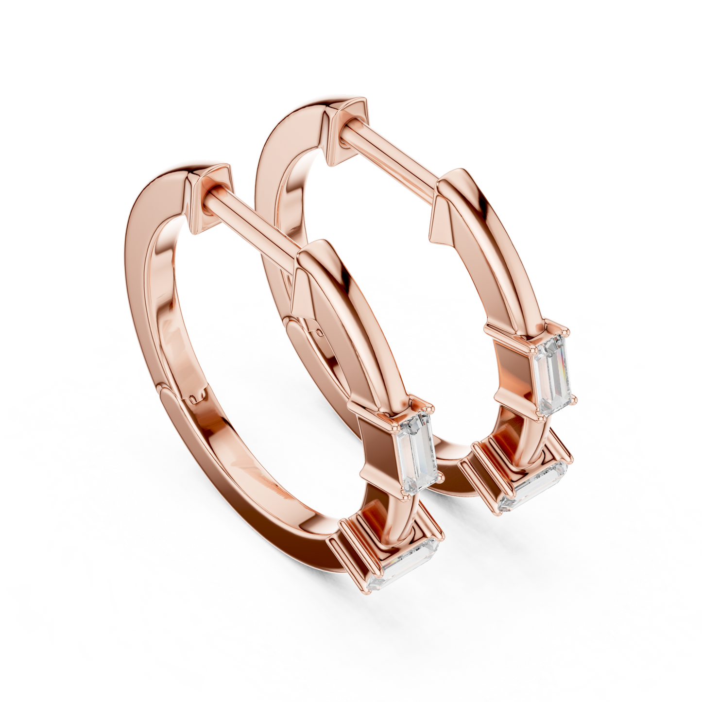 Emerald Cut Lab Grown Diamond Huggie Hoop Earrings in Rose Gold