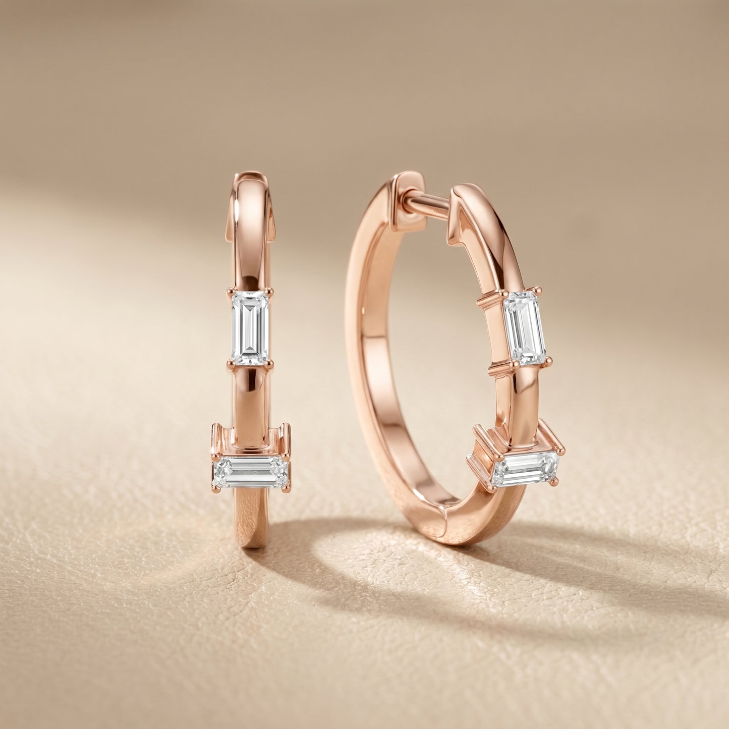 Emerald Cut Lab Grown Diamond Huggie Hoop Earrings in Rose Gold