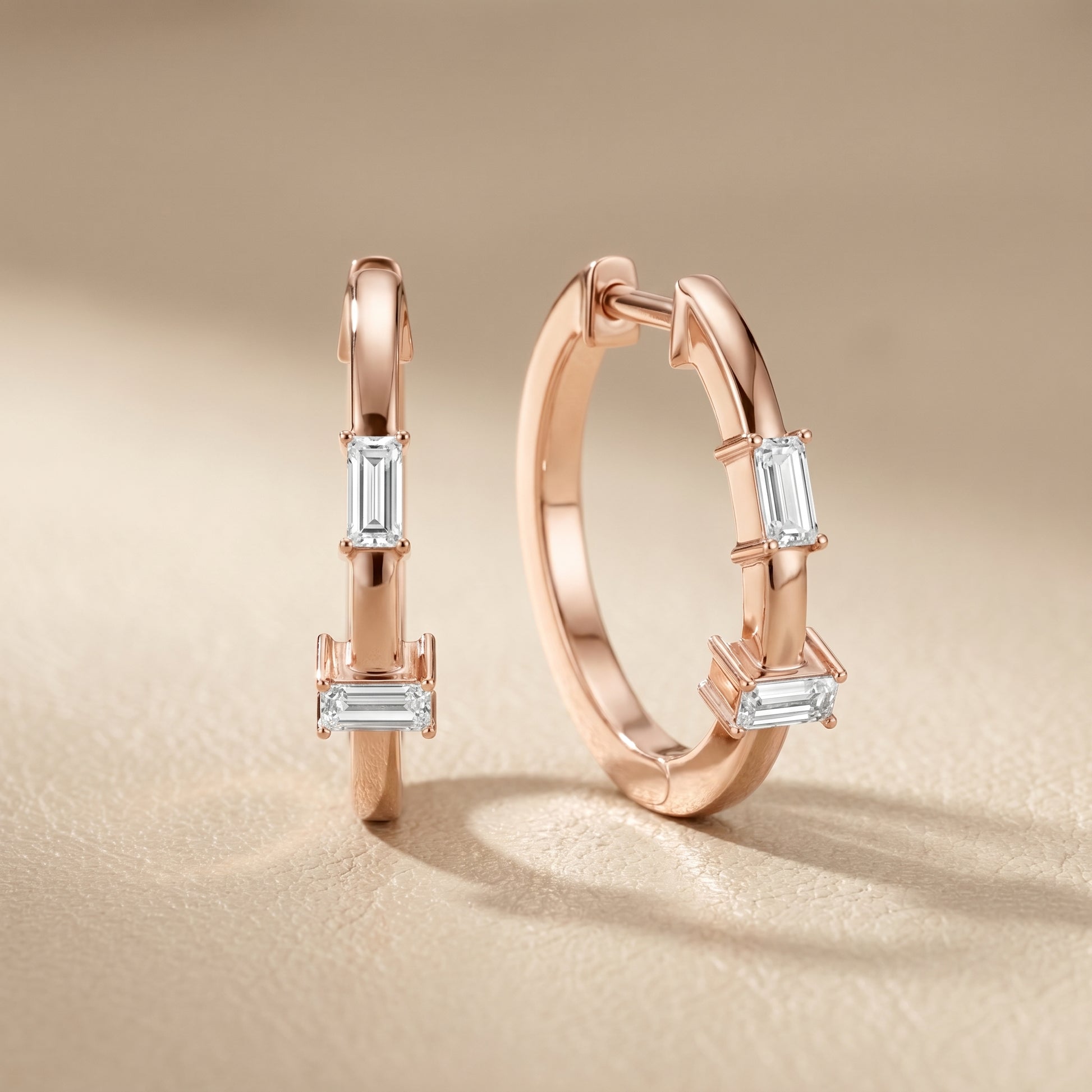 Emerald Cut Lab Grown Diamond Huggie Hoop Earrings in Rose Gold