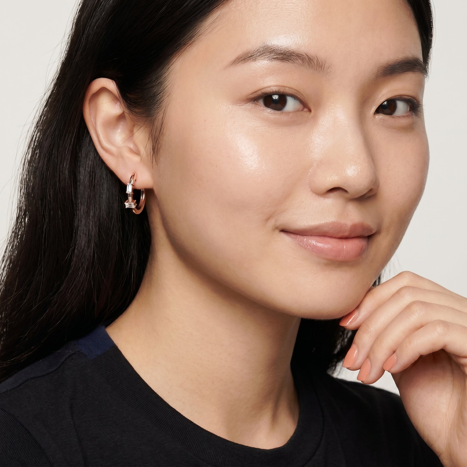 Emerald Cut Lab Grown Diamond Huggie Hoop Earrings in Rose Gold