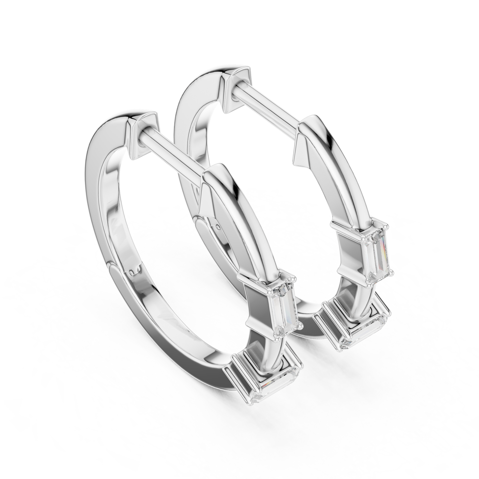 Emerald Cut Lab Grown Diamond Huggie Hoop Earrings in White Gold