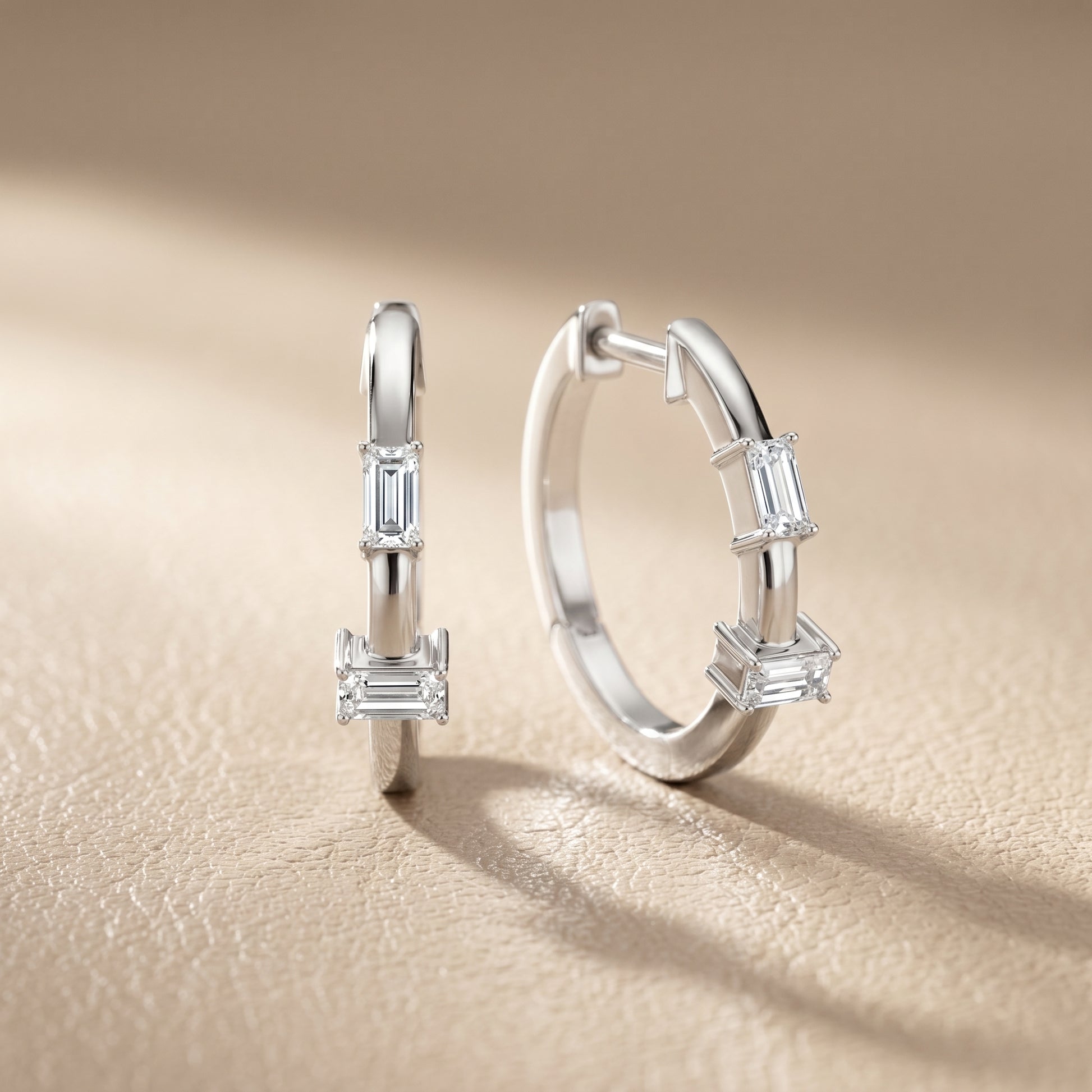 Emerald Cut Lab Grown Diamond Huggie Hoop Earrings in White Gold