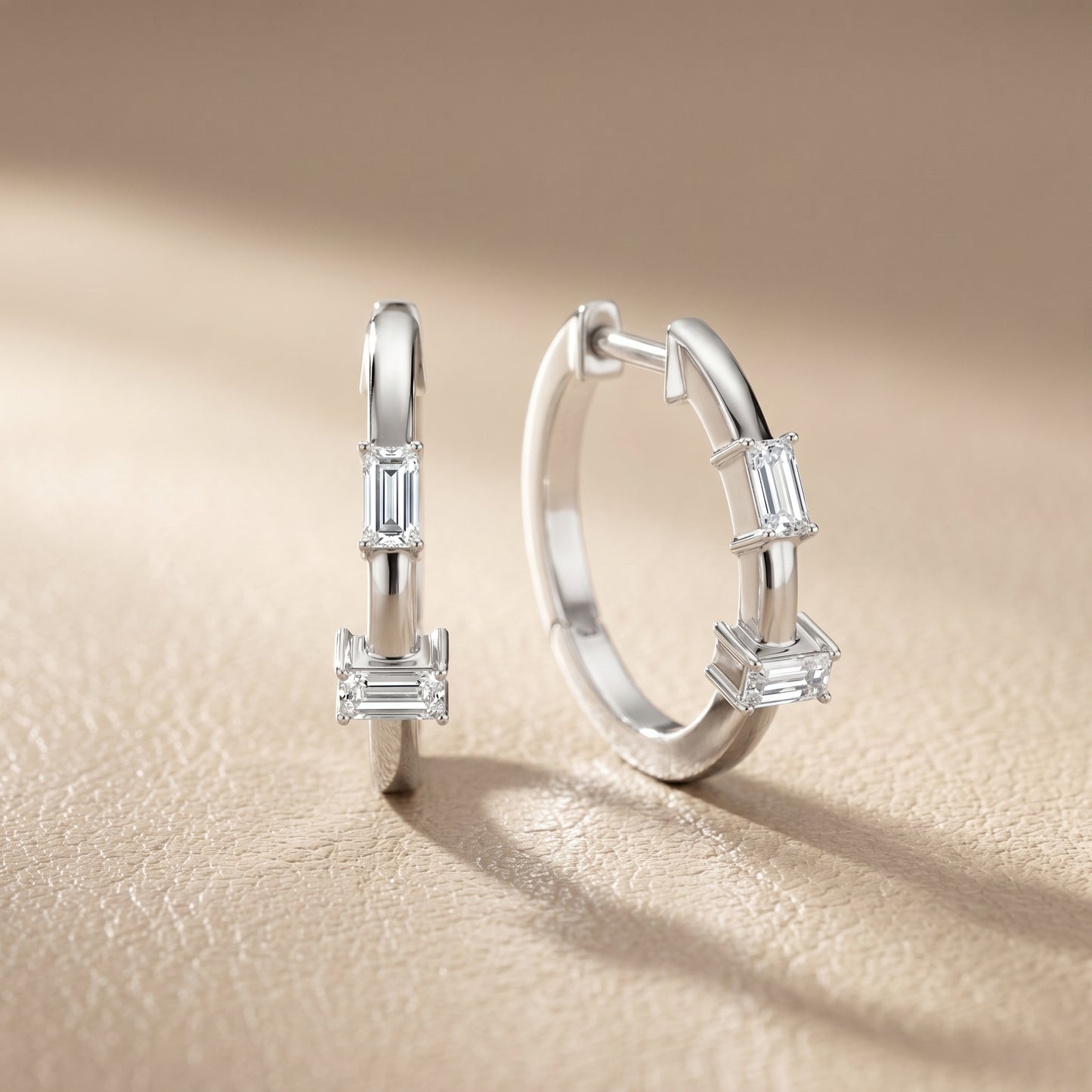 Emerald Cut Lab Grown Diamond Huggie Hoop Earrings in Platinum