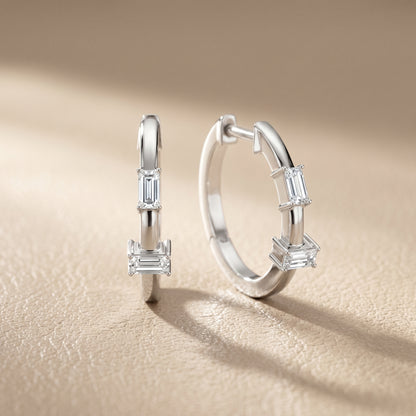 Emerald Cut Lab Grown Diamond Huggie Hoop Earrings in Platinum