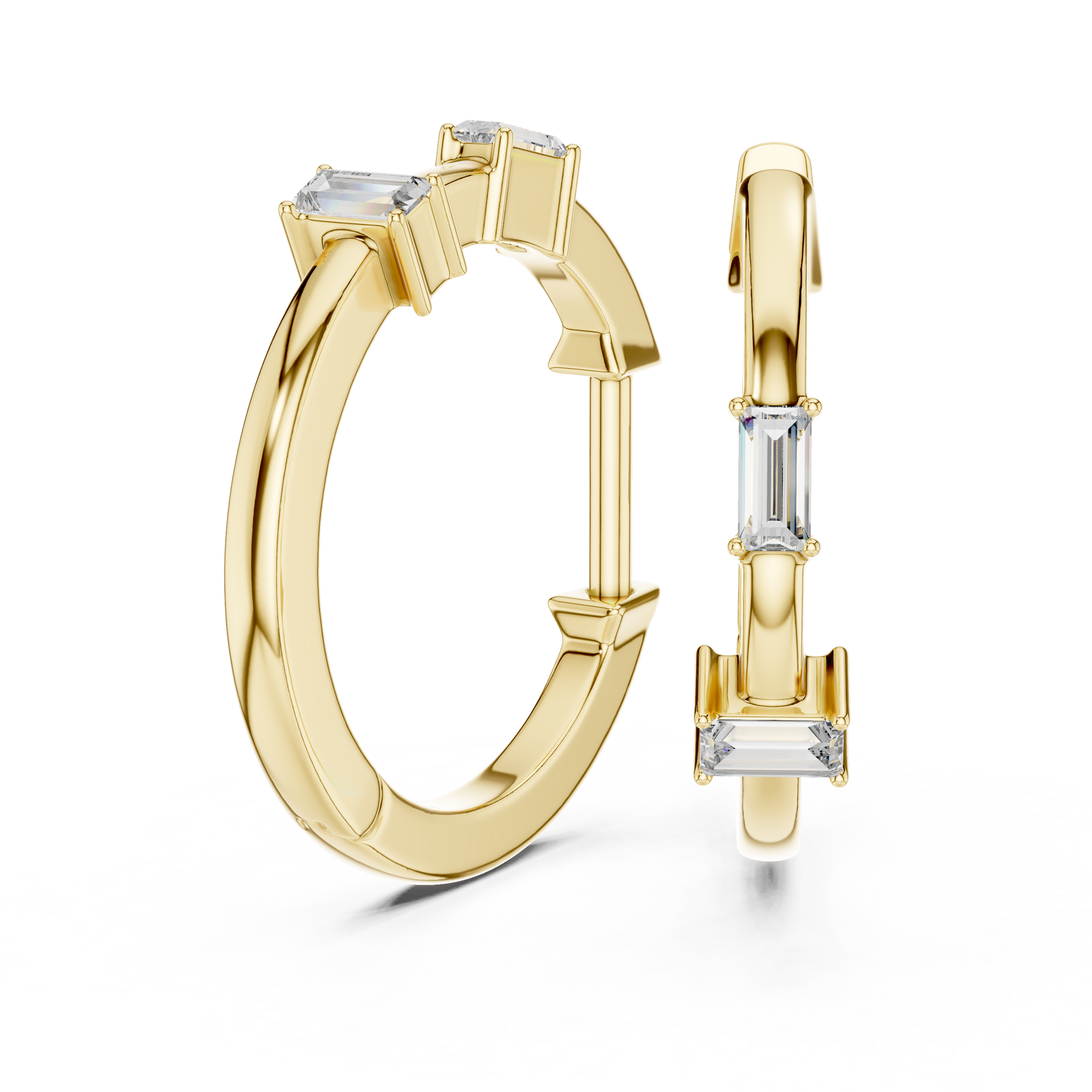 Emerald Cut Lab Grown Diamond Huggie Hoop Earrings in Yellow Gold