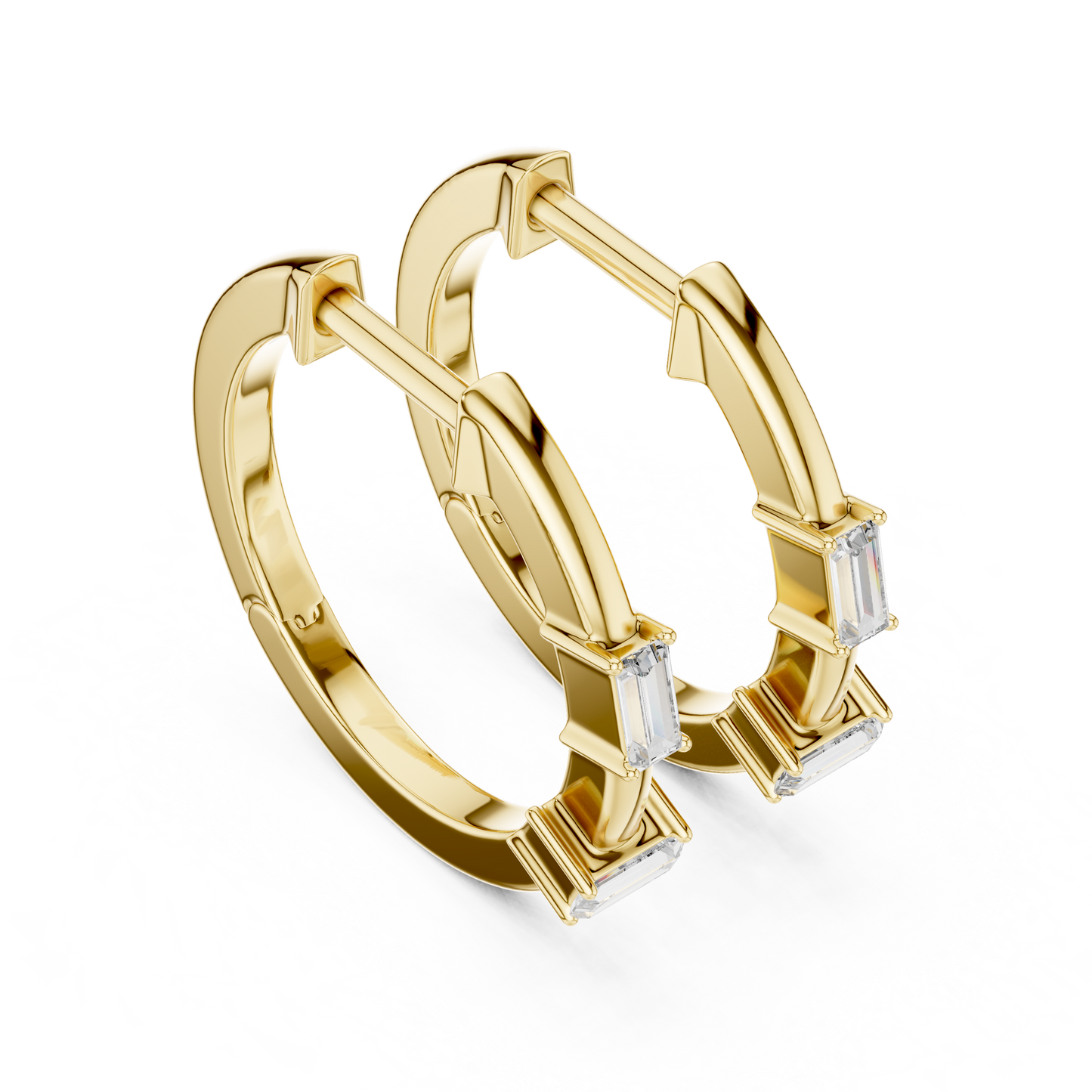 Emerald Cut Lab Grown Diamond Huggie Hoop Earrings in Yellow Gold