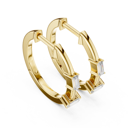 Emerald Cut Lab Grown Diamond Huggie Hoop Earrings in Yellow Gold
