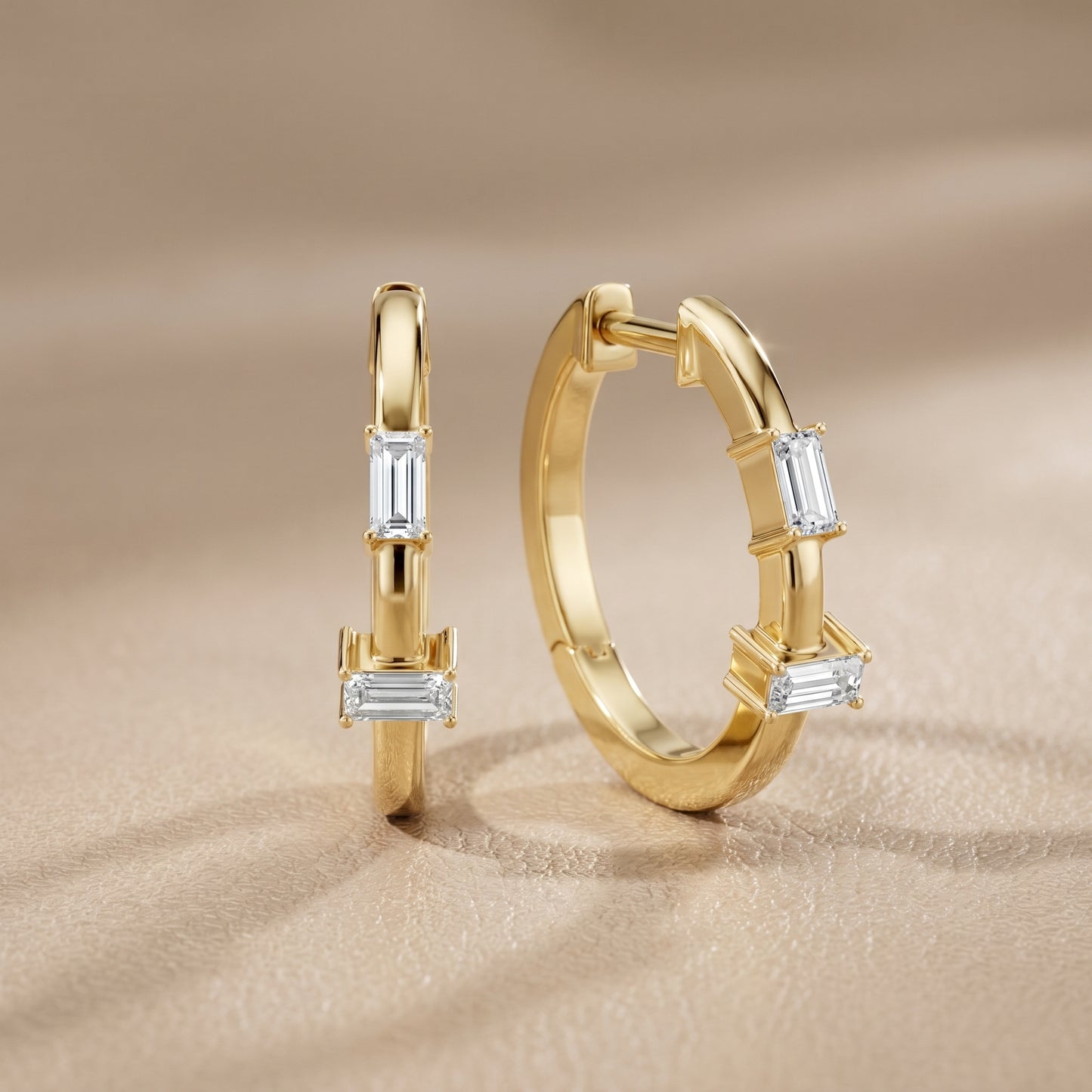 Emerald Cut Lab Grown Diamond Huggie Hoop Earrings in Yellow Gold