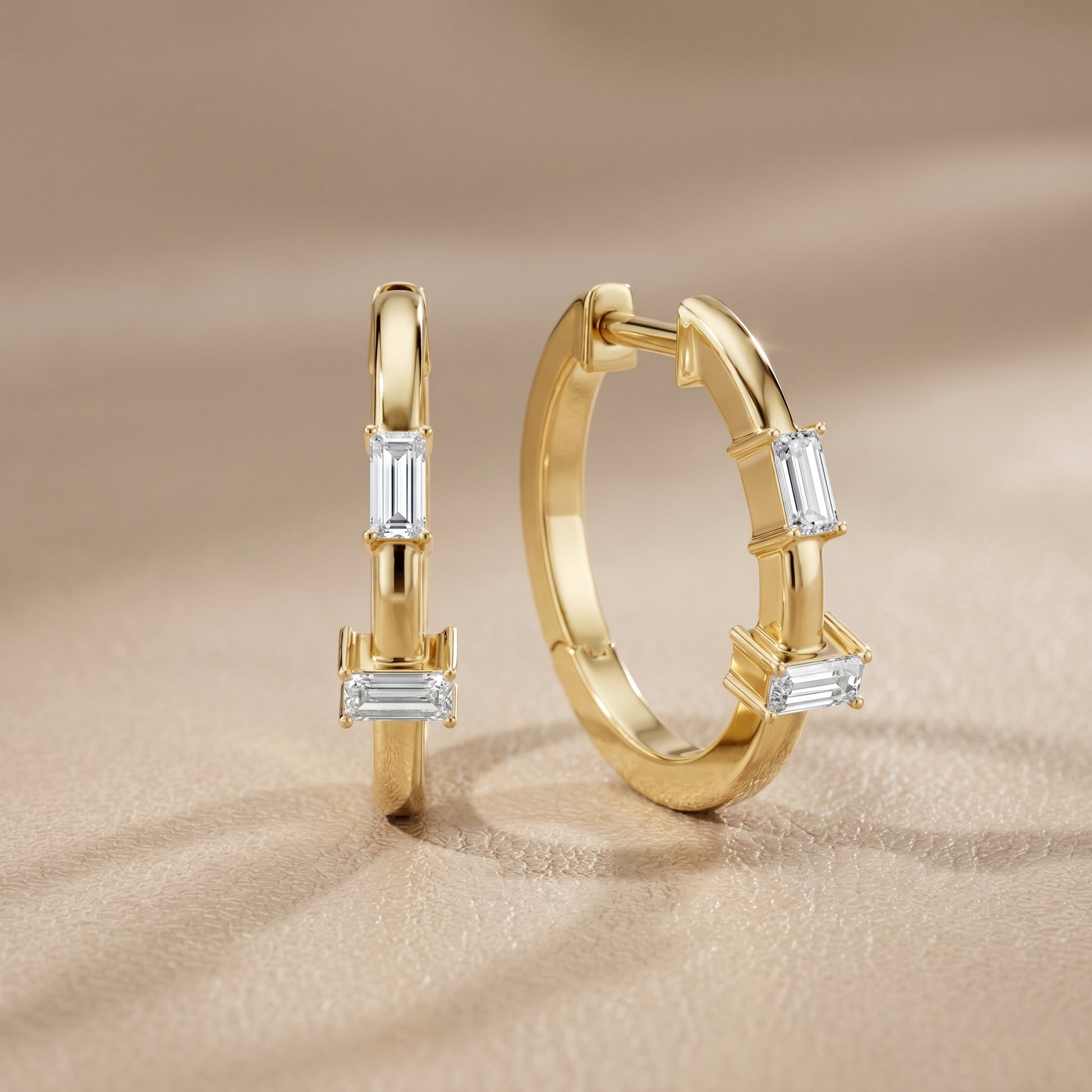 Emerald Cut Lab Grown Diamond Huggie Hoop Earrings in Yellow Gold