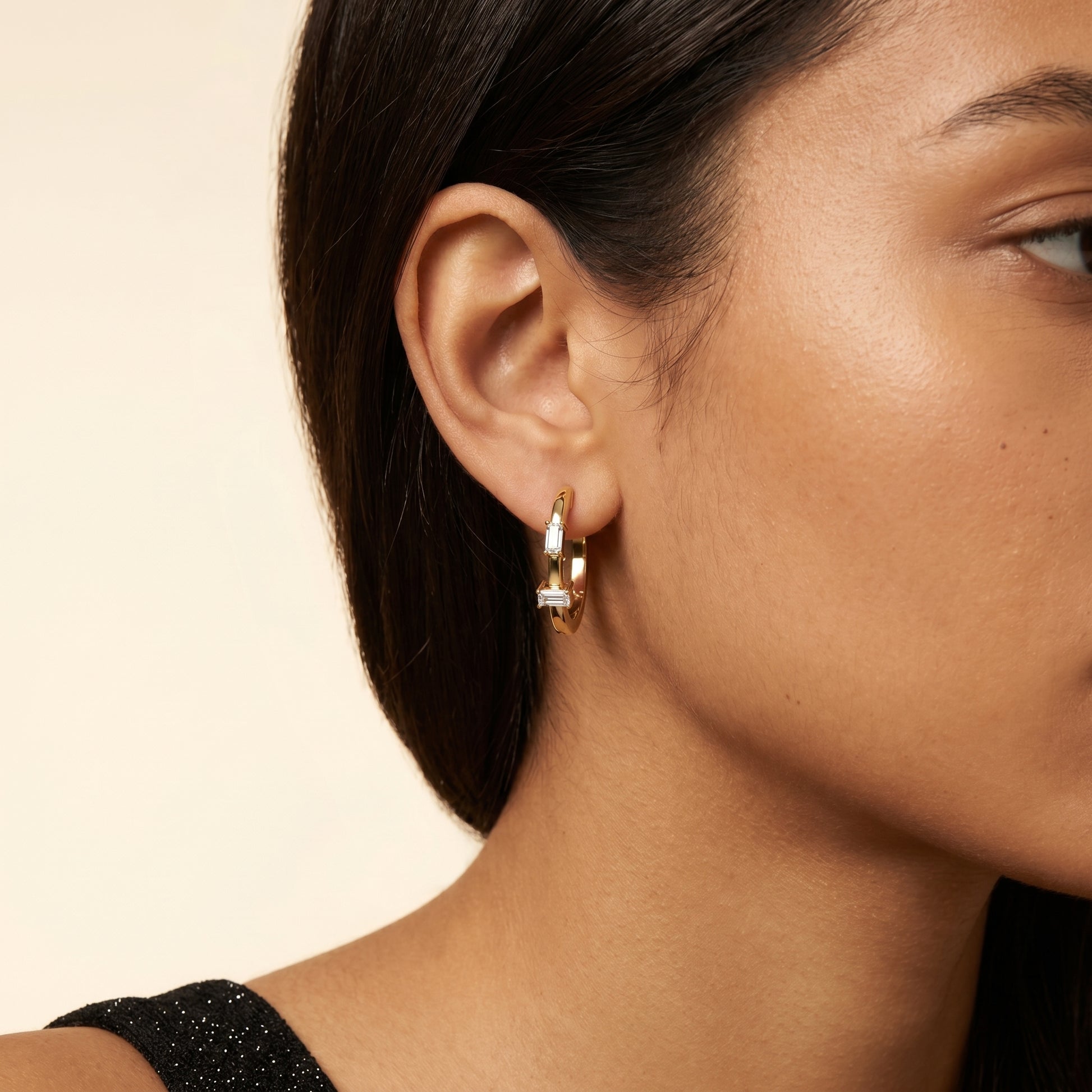 Emerald Cut Lab Grown Diamond Huggie Hoop Earrings in Yellow Gold