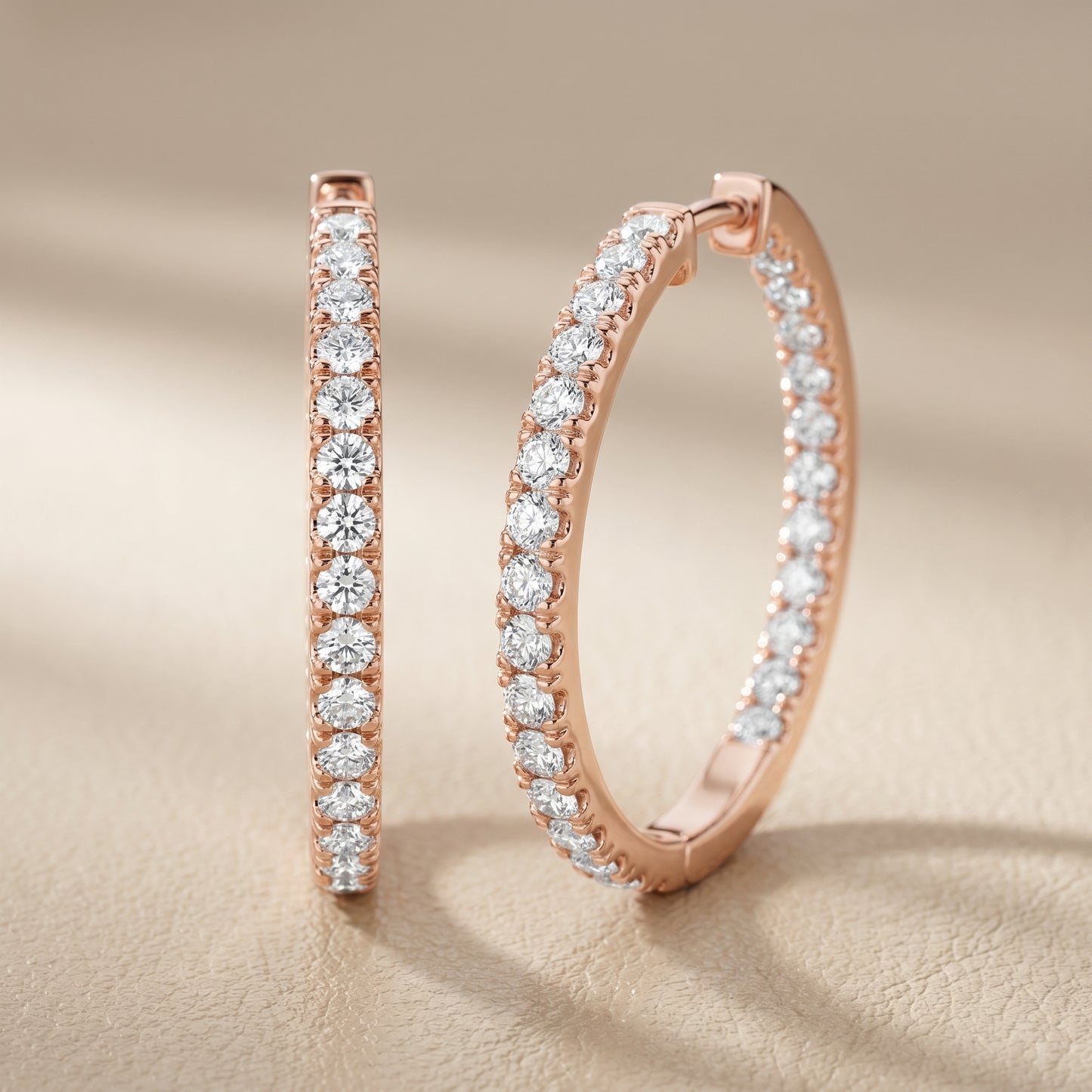 Round Cut Lab Grown Diamond Hoop Earrings in Rose Gold