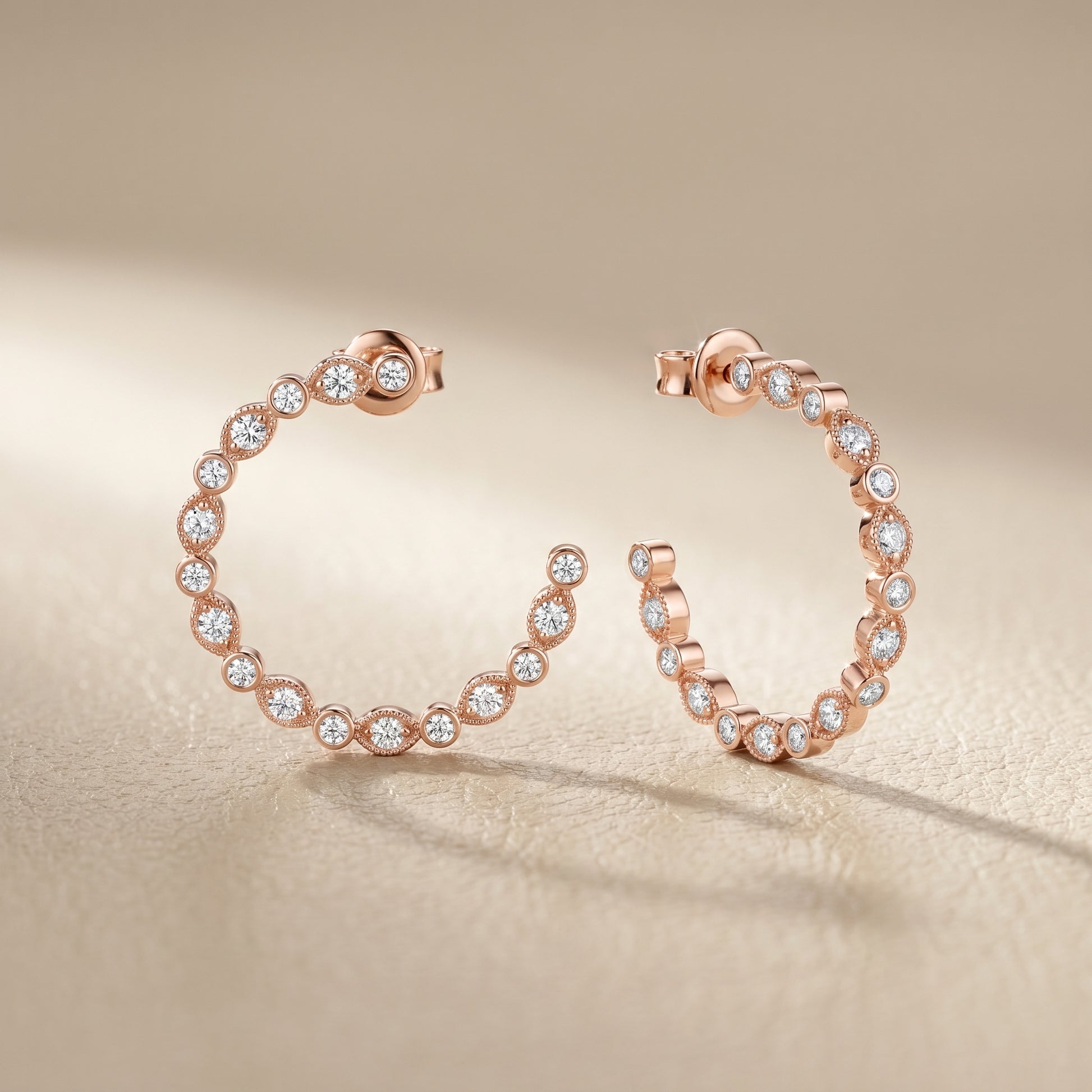 Round Cut Lab Grown Diamond Hoop Earrings in Rose Gold