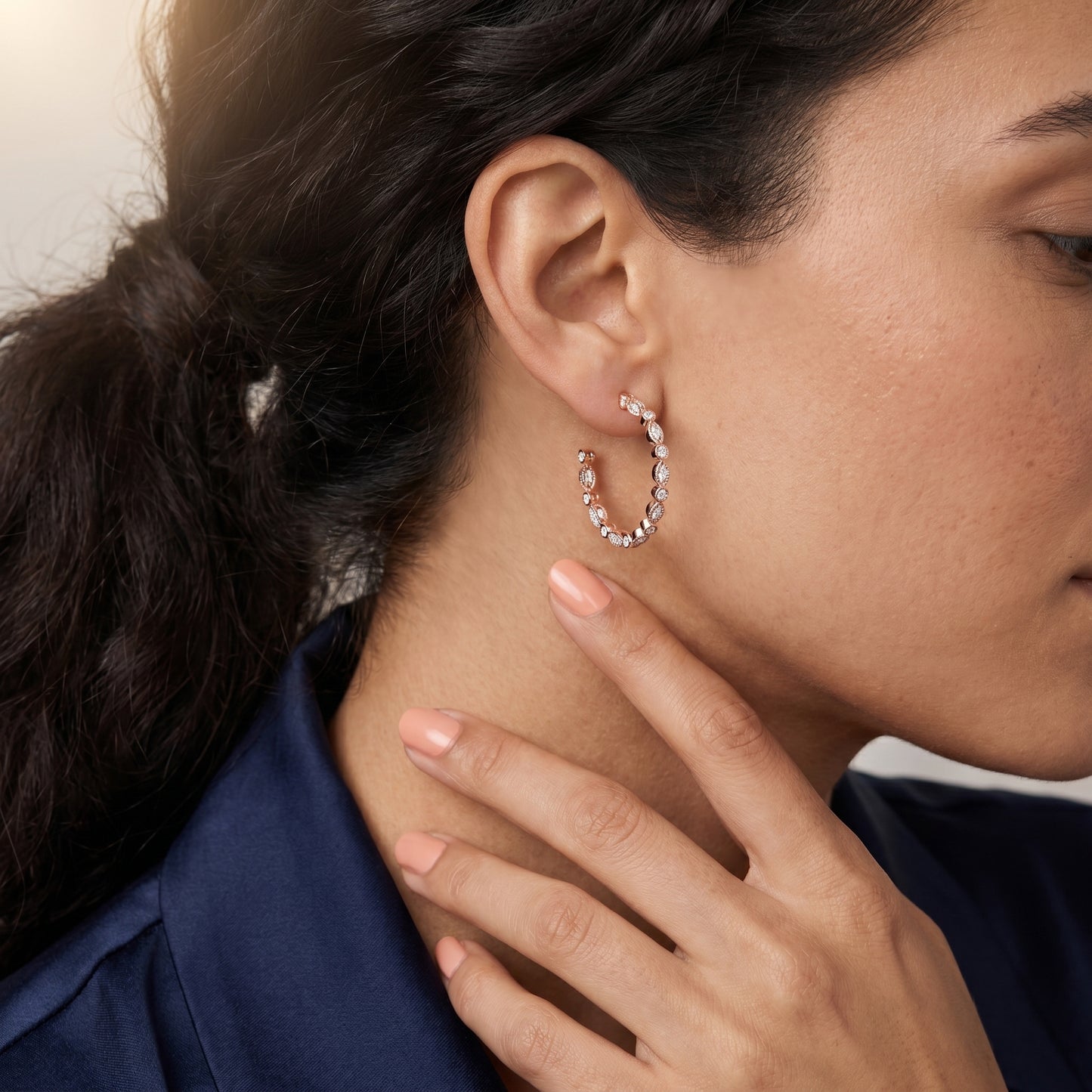 Round Cut Lab Grown Diamond Hoop Earrings in Rose Gold