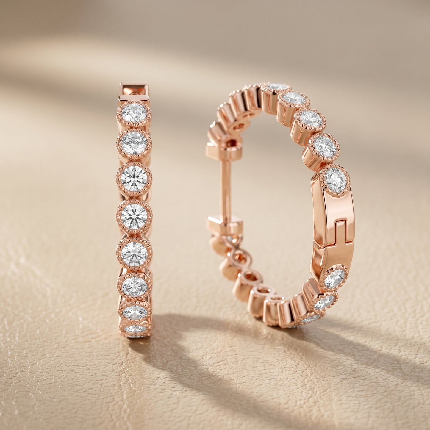 Round Cut Lab Grown Diamond Hoop Earrings in Rose Gold