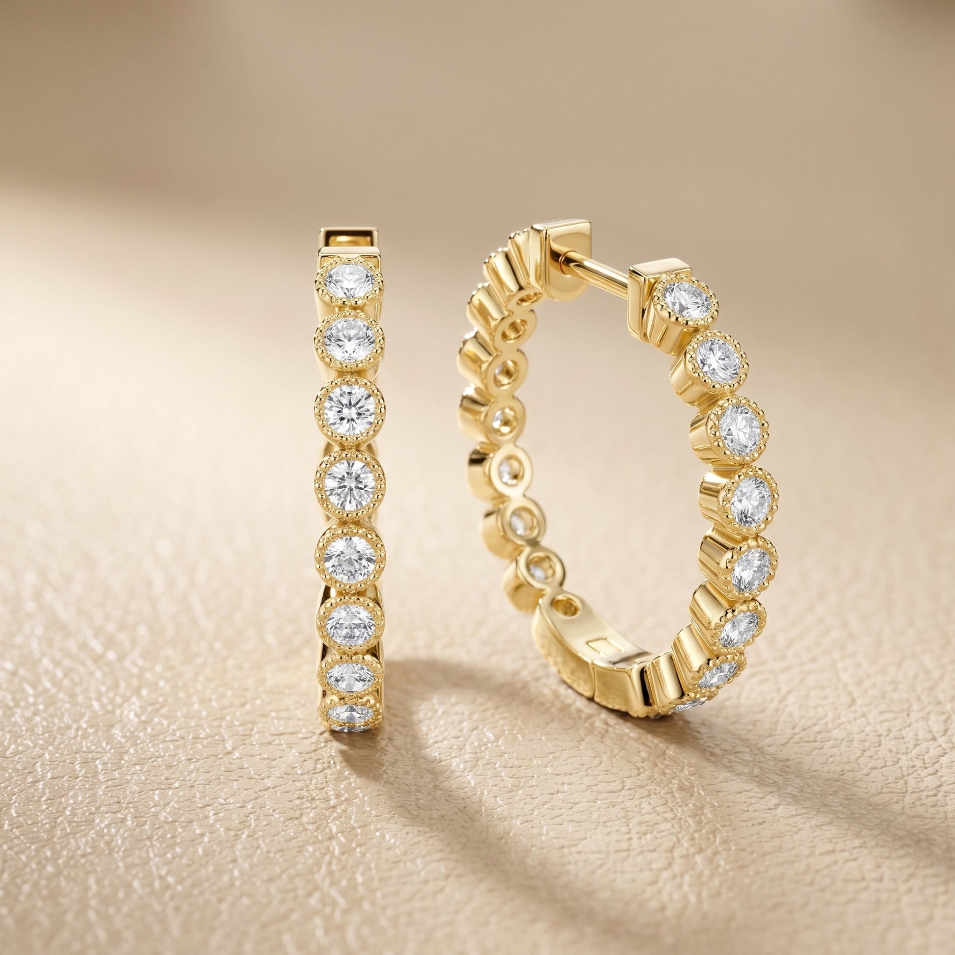 Round Cut Lab Grown Diamond Hoop Earrings in Yellow Gold