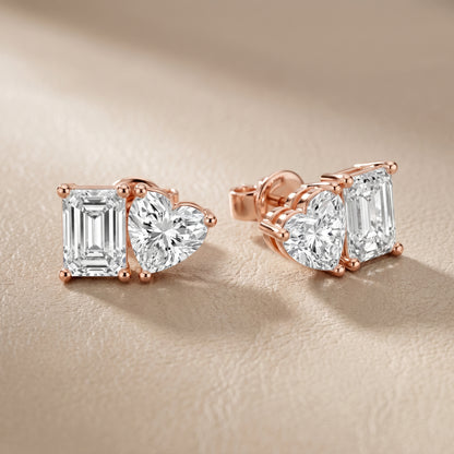 Emerald Heart Cut Lab Grown Diamond Stud Earrings in Rose Gold