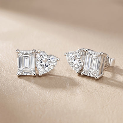 Emerald Heart Cut Lab Grown Diamond Stud Earrings in Silver