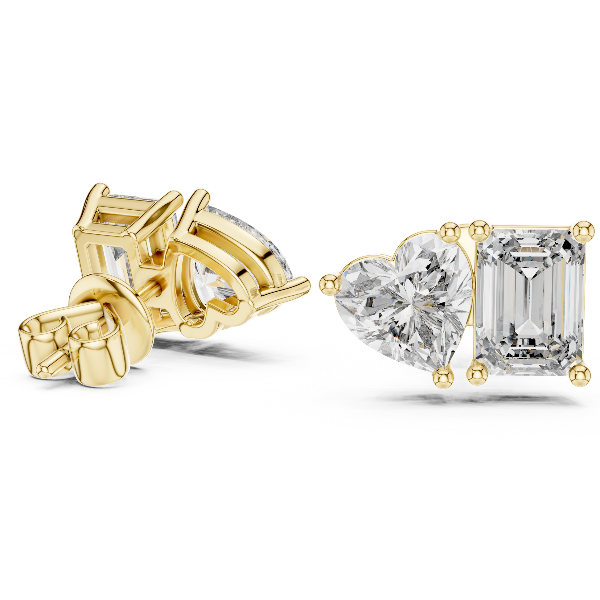 Emerald Heart Cut Lab Grown Diamond Stud Earrings in Yellow Gold