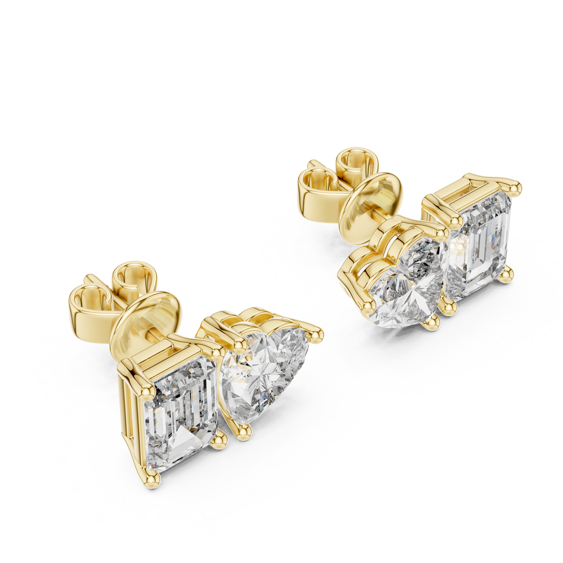 Emerald Heart Cut Lab Grown Diamond Stud Earrings in Yellow Gold