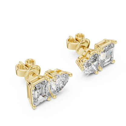 Emerald Heart Cut Lab Grown Diamond Stud Earrings in Yellow Gold
