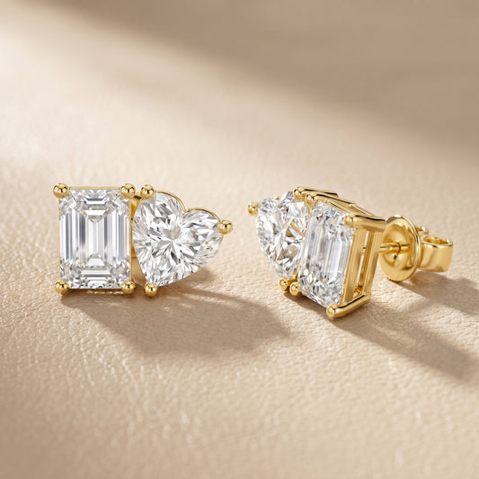 Emerald Heart Cut Lab Grown Diamond Stud Earrings in Yellow Gold