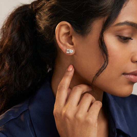 Emerald Heart Cut Lab Grown Diamond Stud Earrings in Yellow Gold