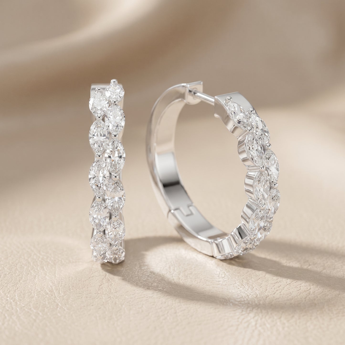 Marquise Cut Lab Grown Diamond Hoop Earrings in White Gold