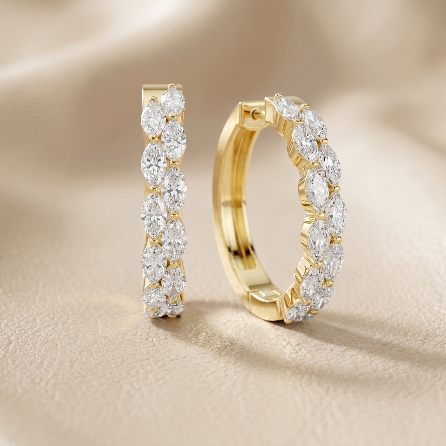 Marquise Cut Lab Grown Diamond Hoop Earrings in Yellow Gold