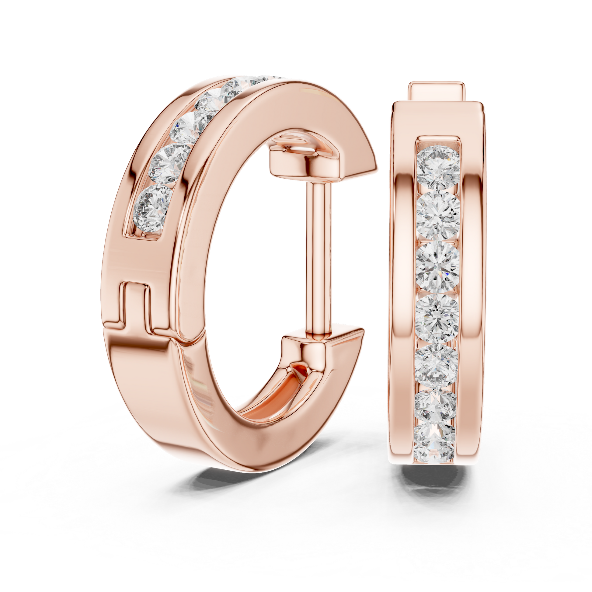 Round Cut Lab Grown Diamond Crest Channel Huggie Hoop Earrings in Rose Gold