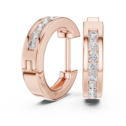 Round Cut Lab Grown Diamond Crest Channel Huggie Hoop Earrings in Rose Gold