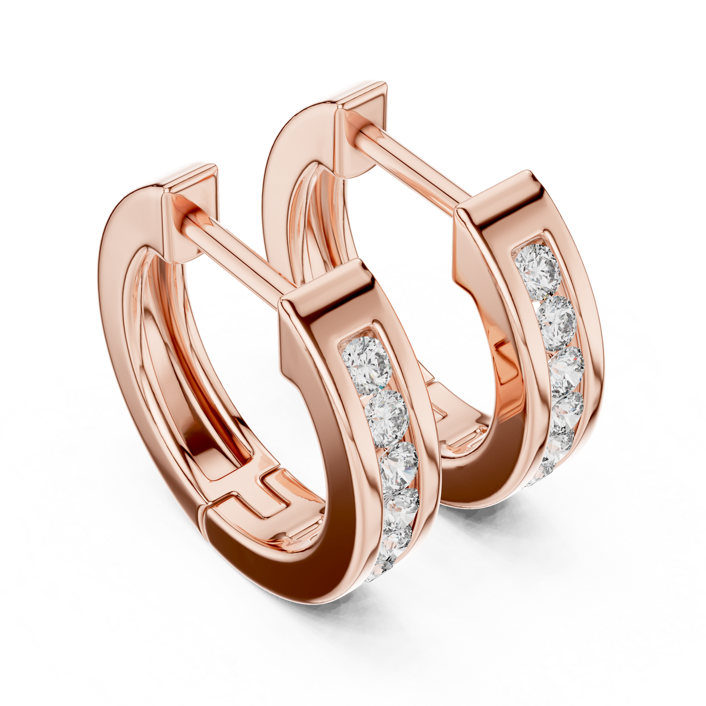 Round Cut Lab Grown Diamond Crest Channel Huggie Hoop Earrings in Rose Gold