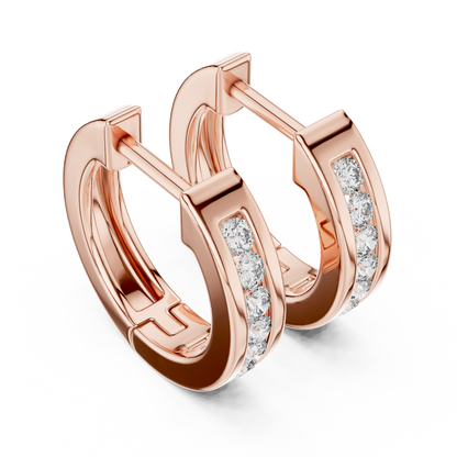 Round Cut Lab Grown Diamond Crest Channel Huggie Hoop Earrings in Rose Gold