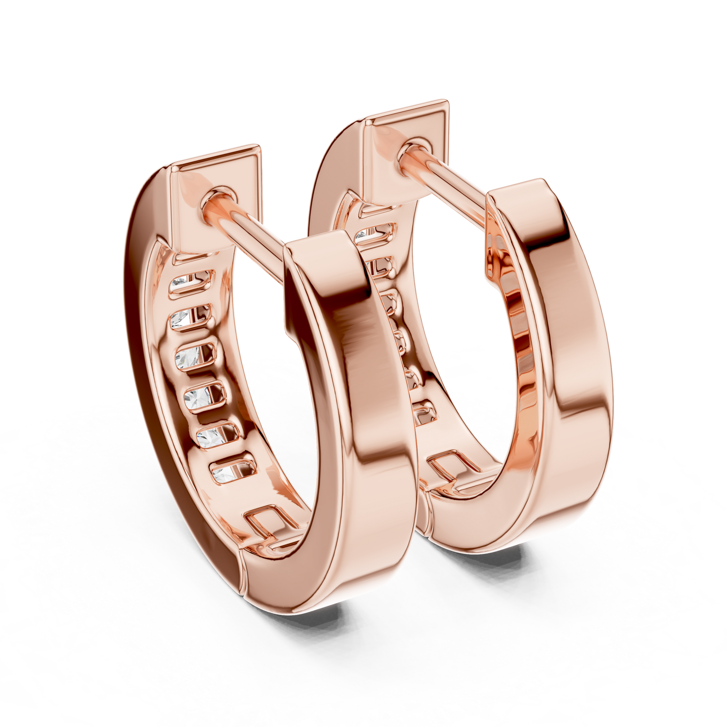 Round Cut Lab Grown Diamond Crest Channel Huggie Hoop Earrings in Rose Gold