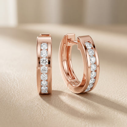 Round Cut Lab Grown Diamond Crest Channel Huggie Hoop Earrings in Rose Gold