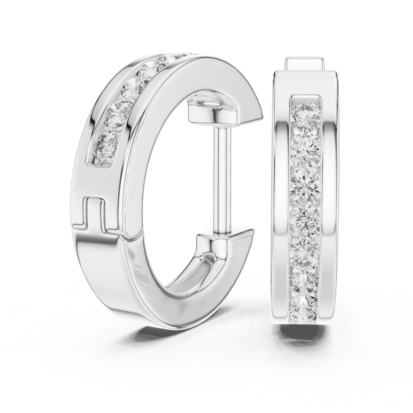 Round Cut Lab Grown Diamond Crest Channel Huggie Hoop Earrings in Platinum
