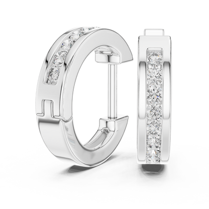 Round Cut Lab Grown Diamond Crest Channel Huggie Hoop Earrings in Platinum