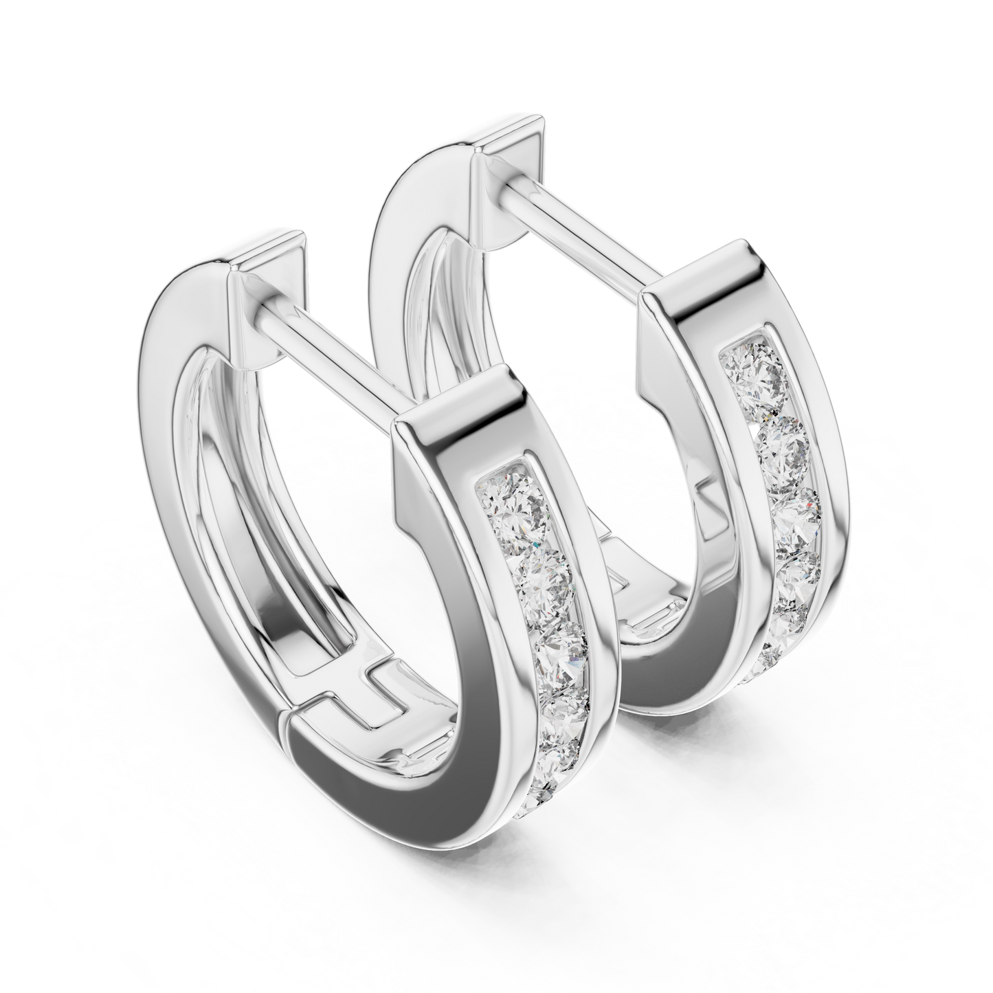 Round Cut Lab Grown Diamond Crest Channel Huggie Hoop Earrings in Platinum
