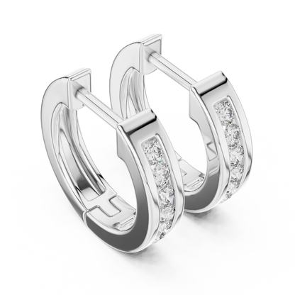 Round Cut Lab Grown Diamond Crest Channel Huggie Hoop Earrings in Silver