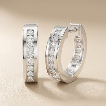 Round Cut Lab Grown Diamond Crest Channel Huggie Hoop Earrings in White Gold