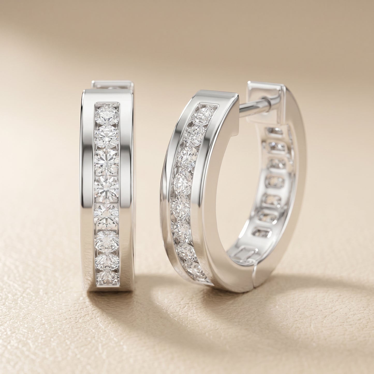Round Cut Lab Grown Diamond Crest Channel Huggie Hoop Earrings in Silver