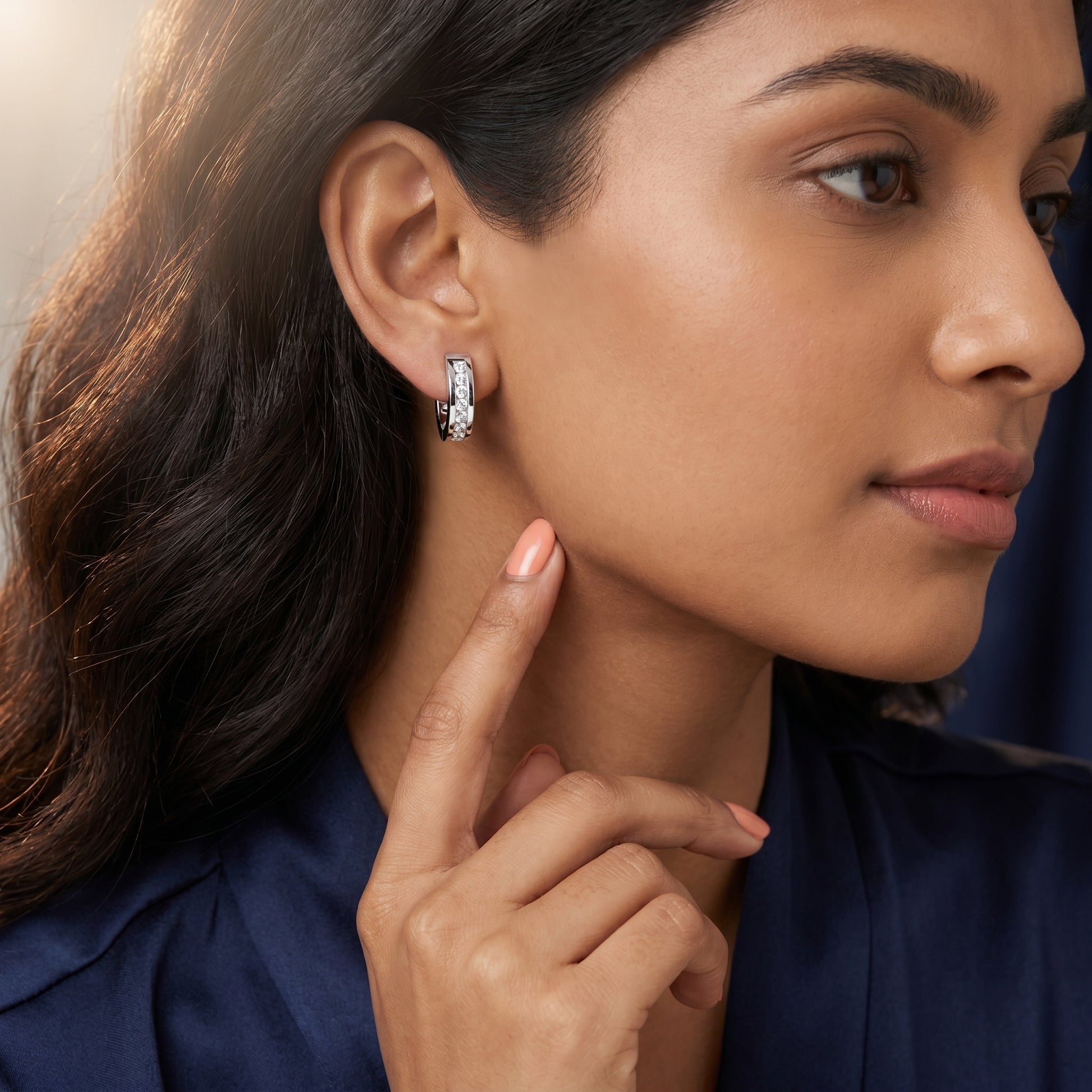 Round Cut Lab Grown Diamond Crest Channel Huggie Hoop Earrings in Platinum
