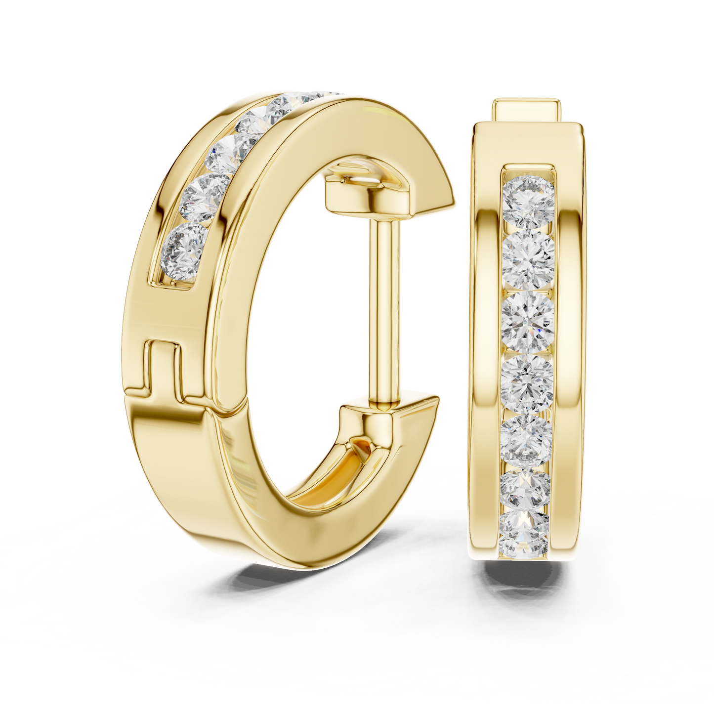 Round Cut Lab Grown Diamond Crest Channel Huggie Hoop Earrings in Yellow Gold