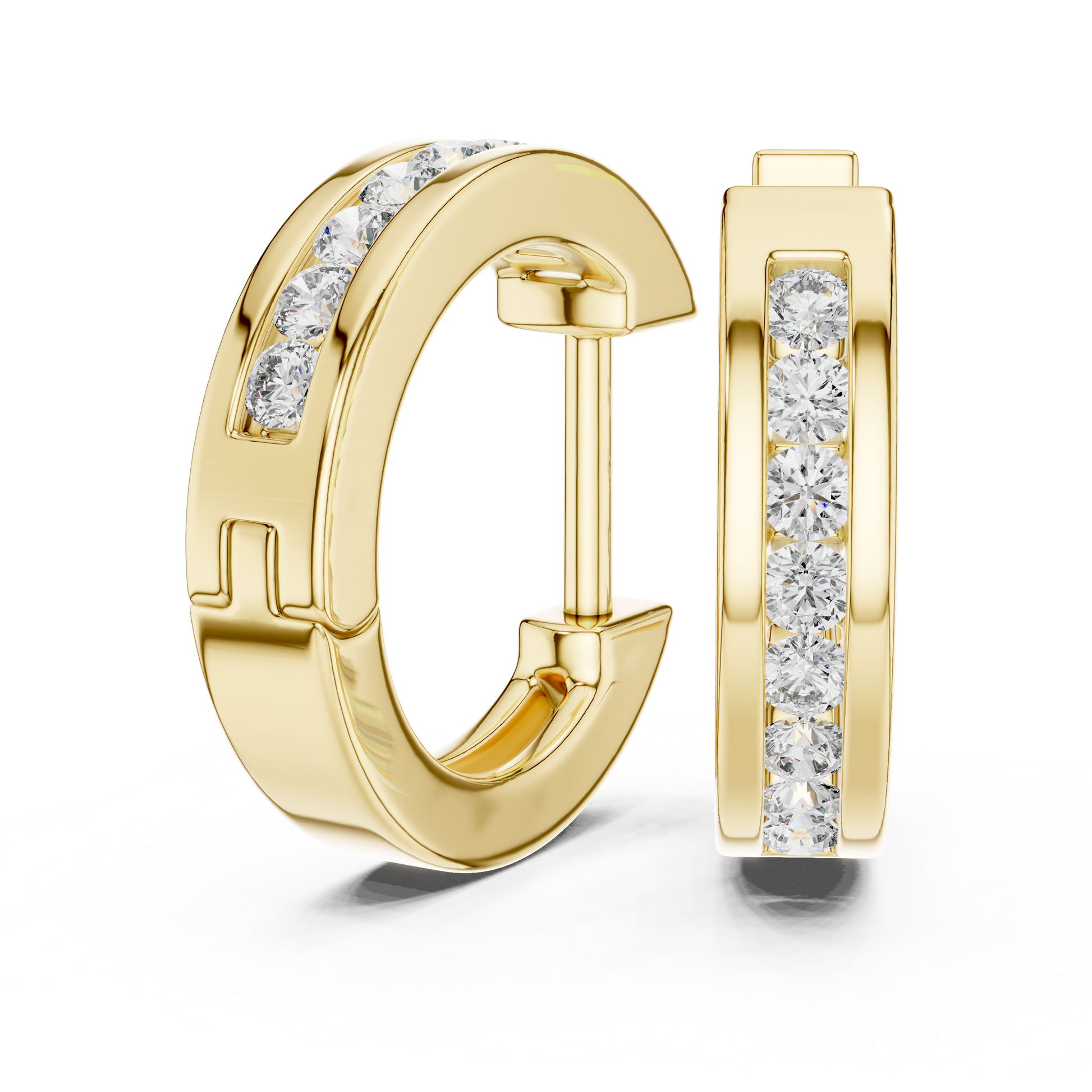Round Cut Lab Grown Diamond Crest Channel Huggie Hoop Earrings in Yellow Gold