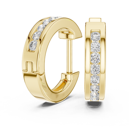 Round Cut Lab Grown Diamond Crest Channel Huggie Hoop Earrings in Yellow Gold