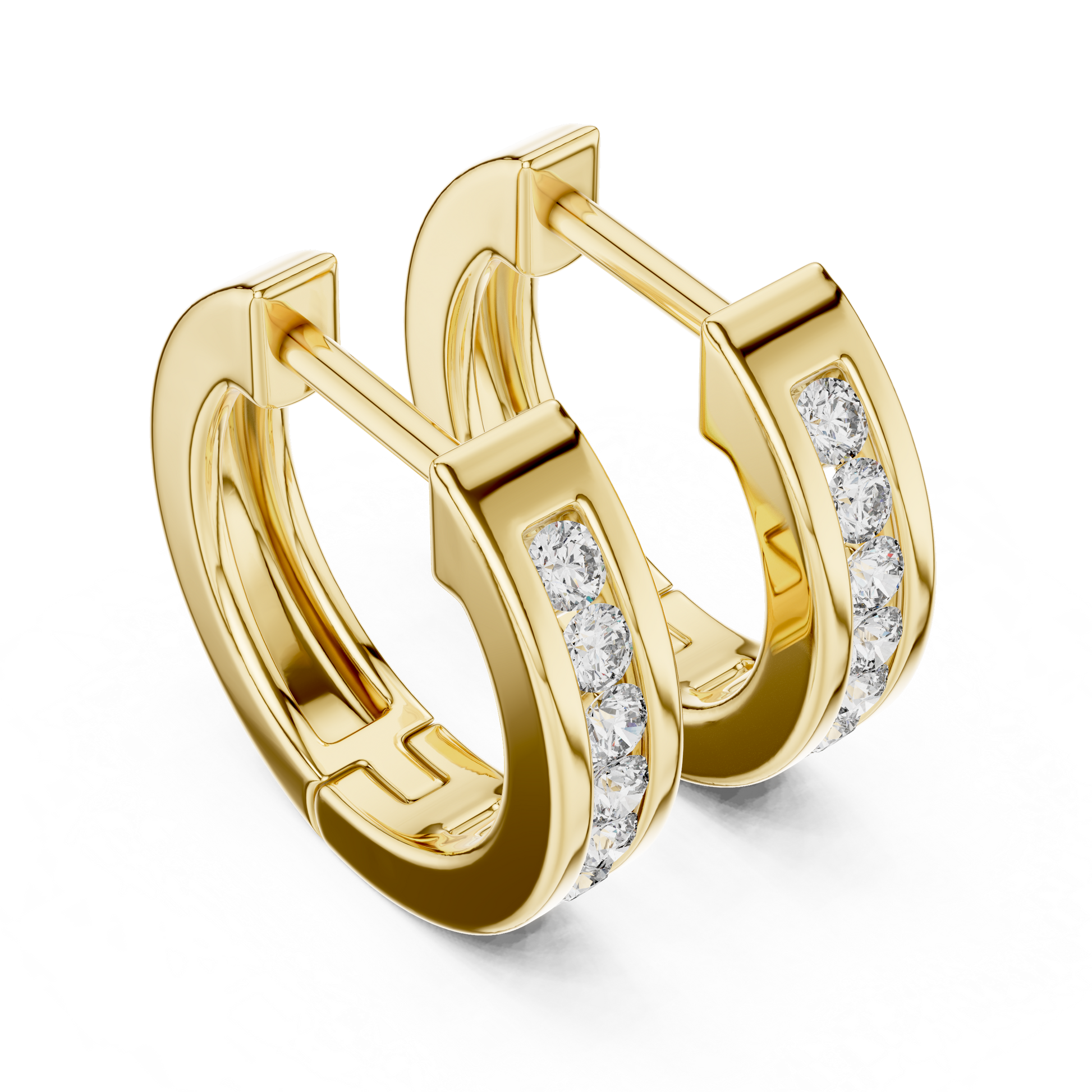 Round Cut Lab Grown Diamond Crest Channel Huggie Hoop Earrings in Yellow Gold