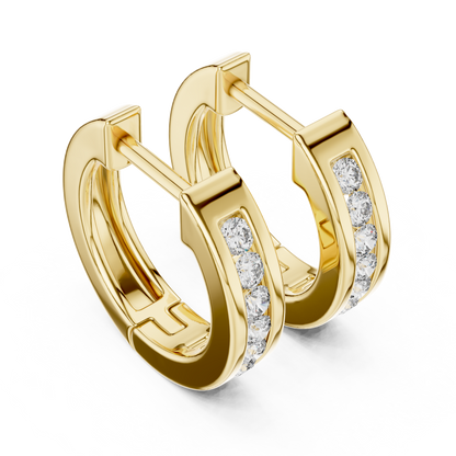 Round Cut Lab Grown Diamond Crest Channel Huggie Hoop Earrings in Yellow Gold